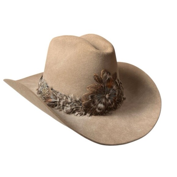 Vintage John B Stetson 3X Beaver XXX Cowboy Hat Beige w/ Feather Size 6-7/8 - Picture 3 of 11